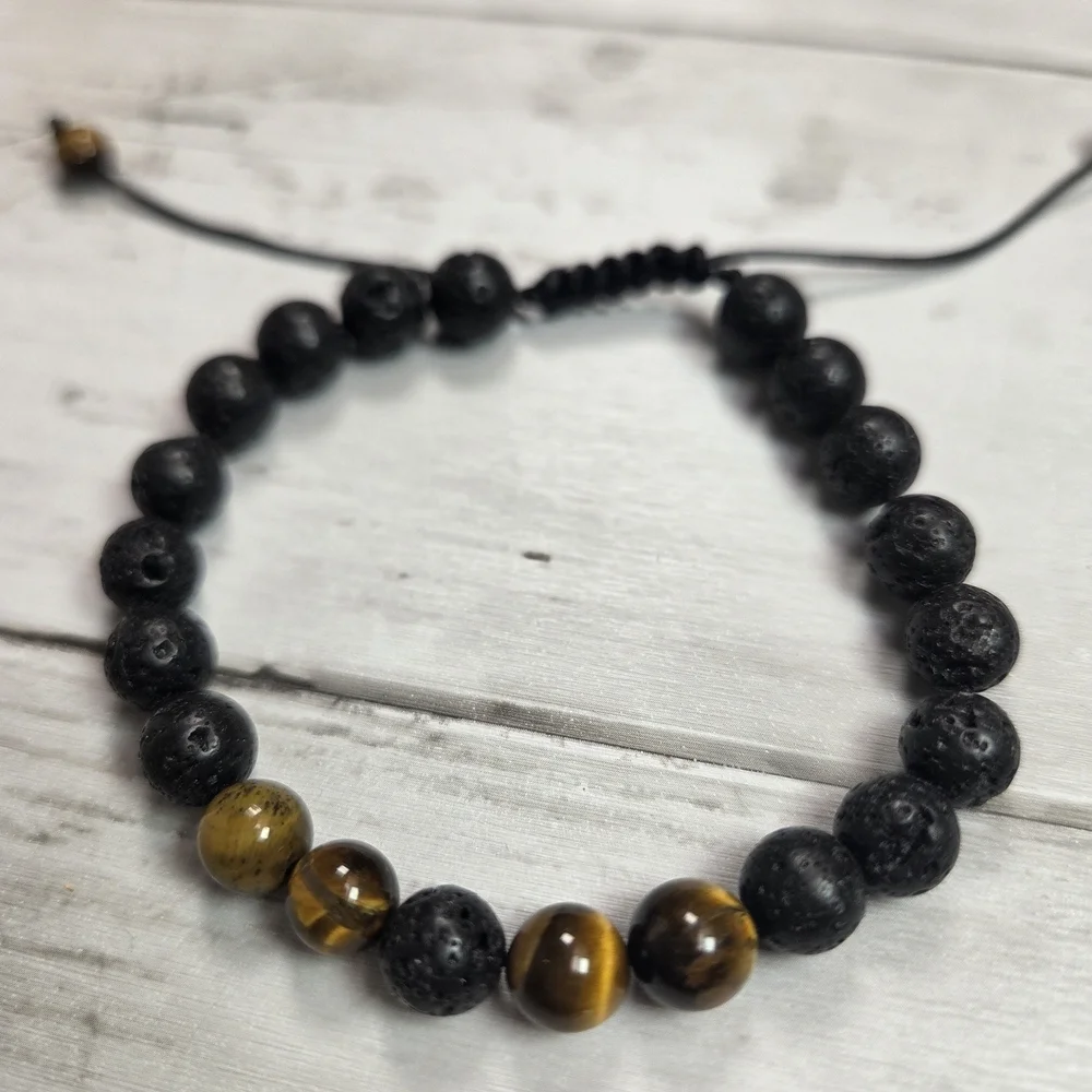 Black Lava Bead and Tiger Eye Adjustable Bracelet - Men Accessories